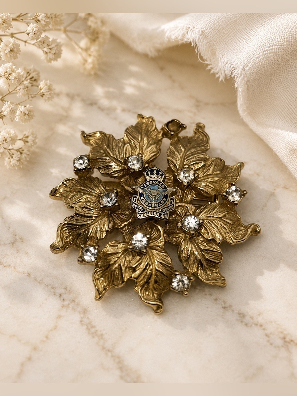 Vintage Canadian Air Force Rhinestone Floral Brooch RCAF Military Aviation Pin